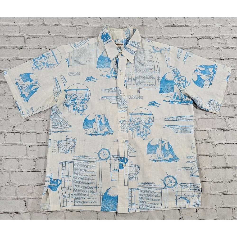 Vintage KAHALA Popover Transpacific Yacht Race All Over Print White Shirt MENS L